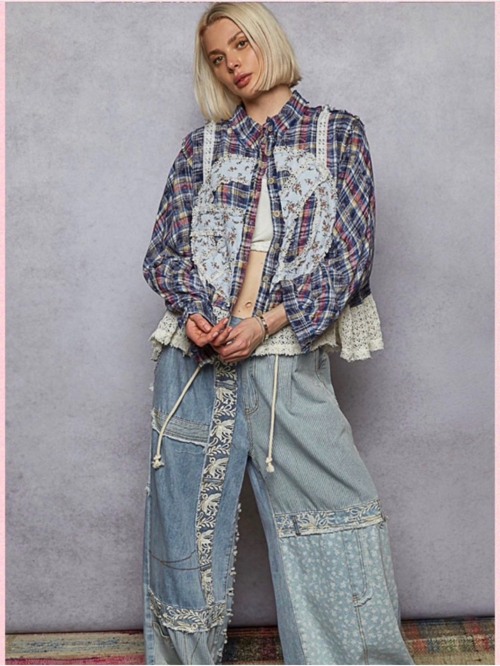 Boho Patchwork Plaid Button-Up Shirt Jacket - Blue Multicolor